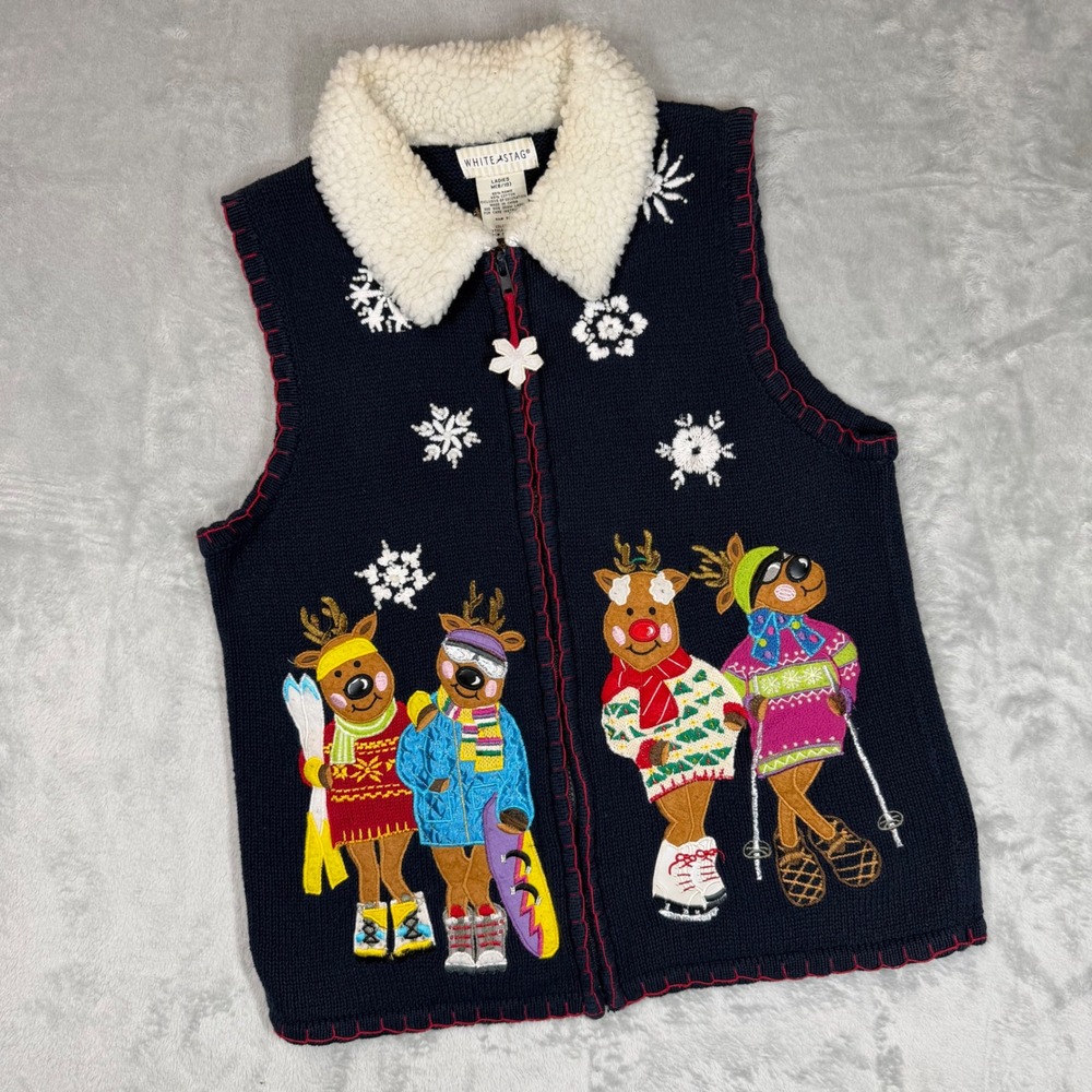 Vtg White Stag Vintage Christmas Reindeer Sweater Vest Navy Blue Sherpa Collar M